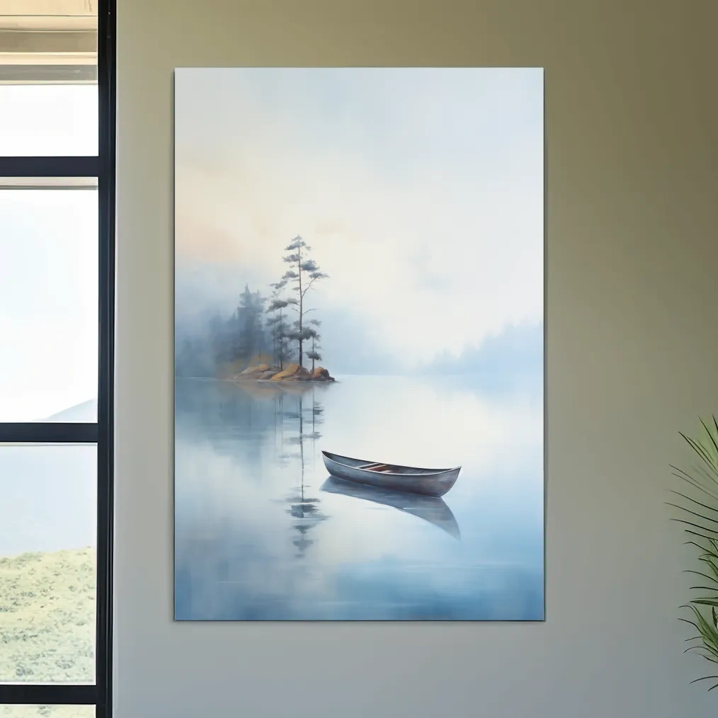 Misty Lake Canoe Painting - Serene Minimalist Watercolor Wall Art