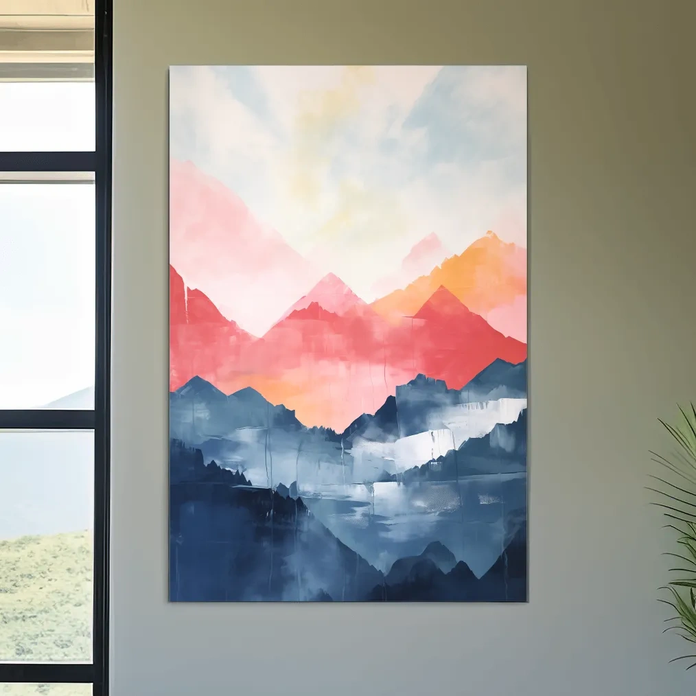 Colorful abstract mountain wall art, vibrant watercolor style painting