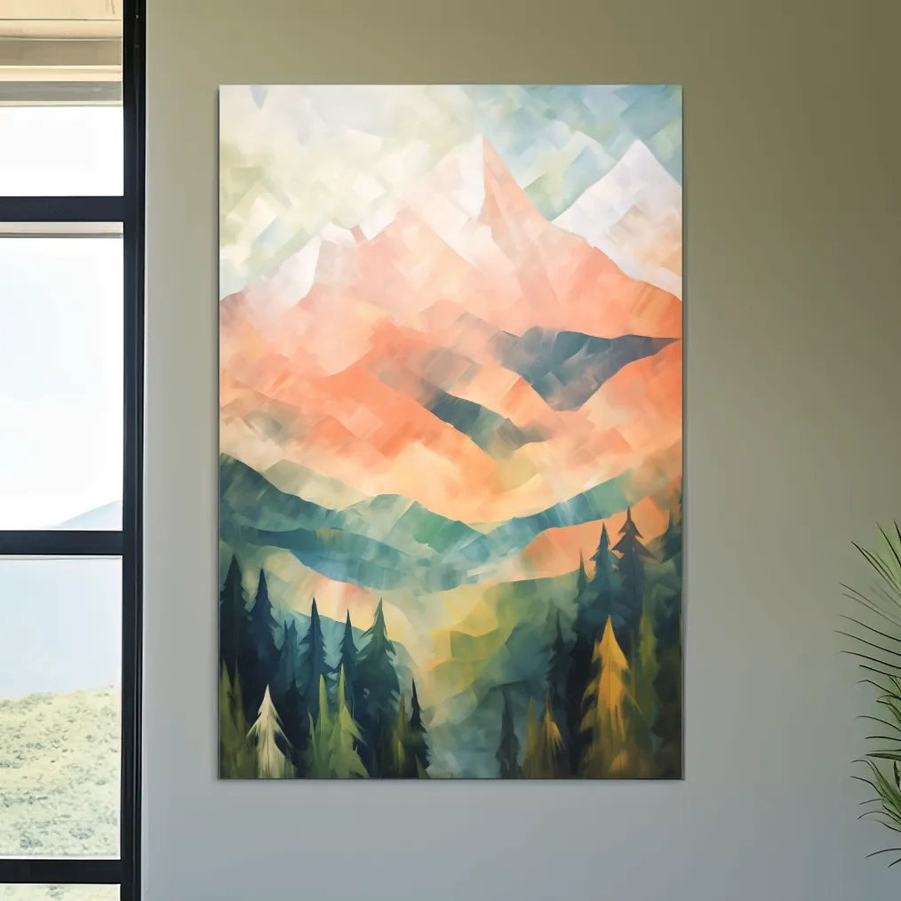 Colourful impressionism painting of alpine mountains, vibrant layered brush strokes