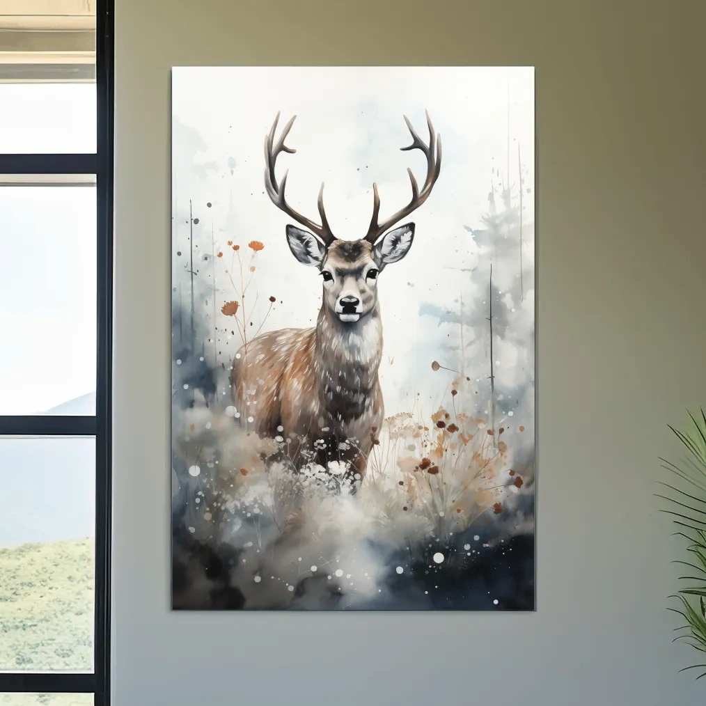 Rough textured watercolour painting of a deer buck standing in the forest