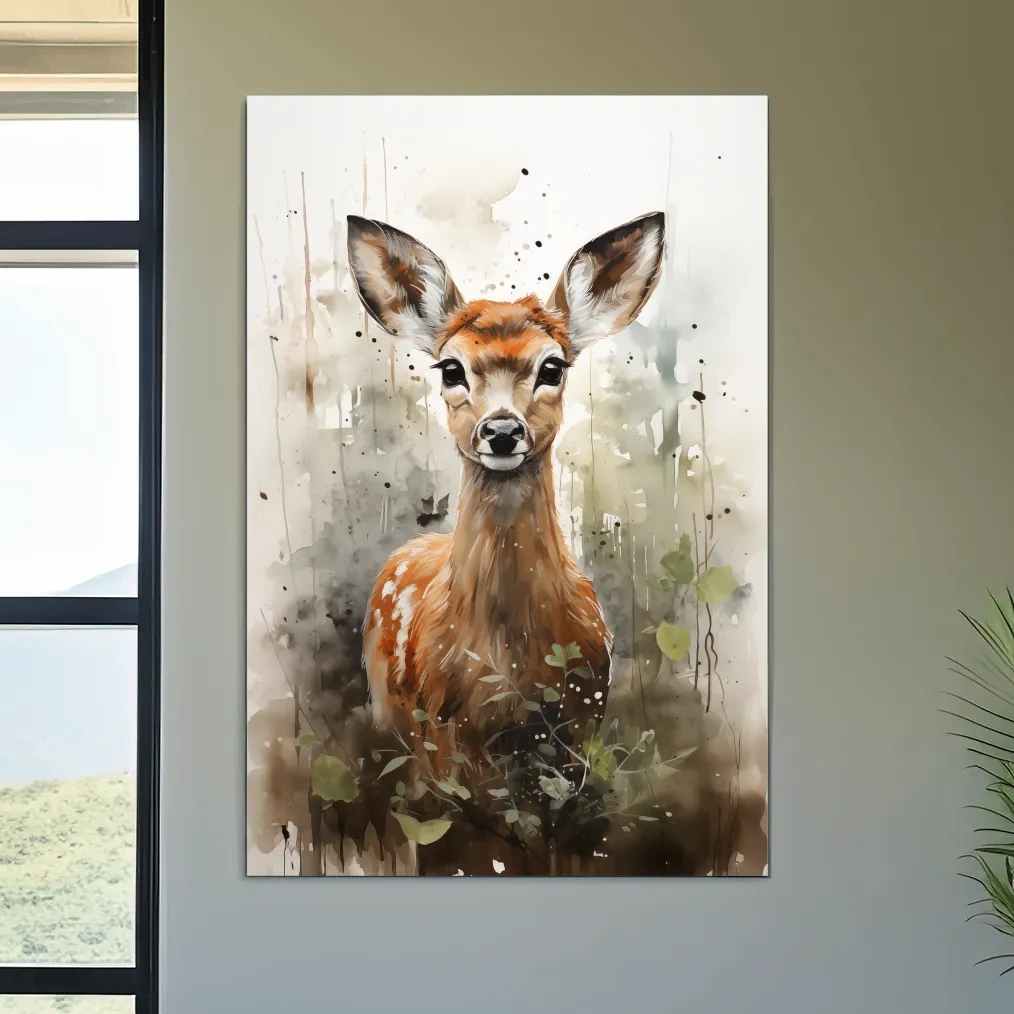 Watercolor fawn wall art, delicate forest setting artwork