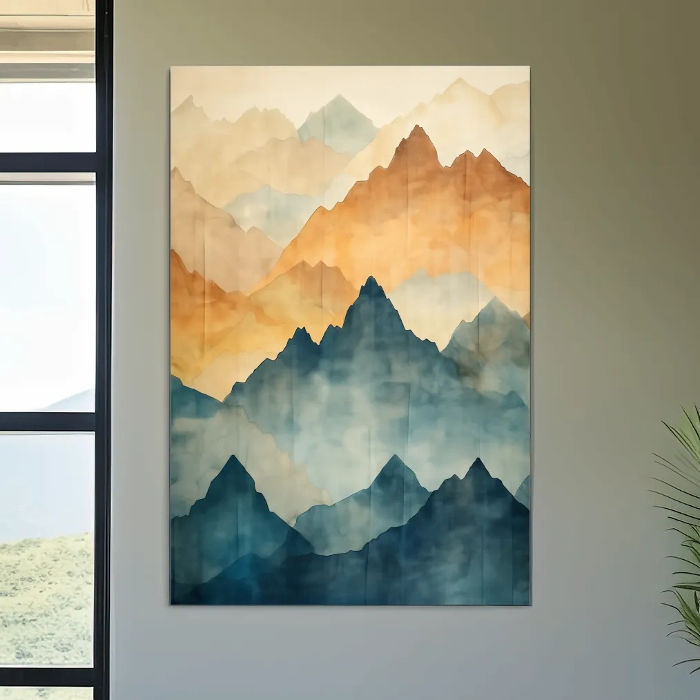 Textured effect watercolour painting of mountain ridgelines in the fog