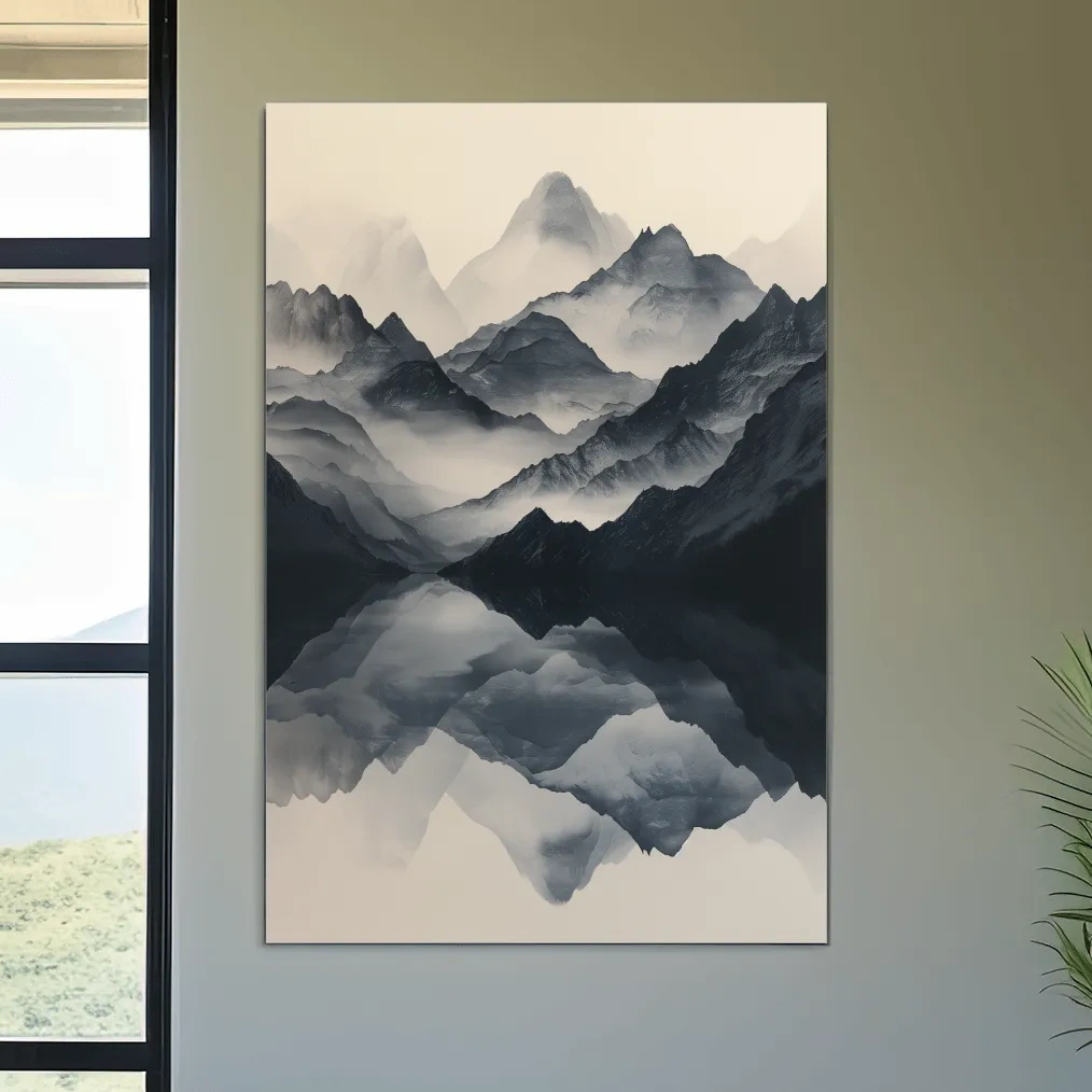 Monochrome Misty Mountain Reflection Landscape - Minimalist Japandi Wall Art