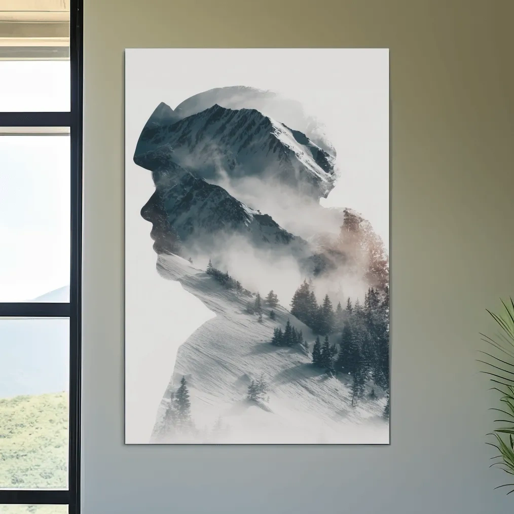 Surreal Double Exposure Skier & Mountain Portrait - Moody Misty Alpine Forest Wall Art
