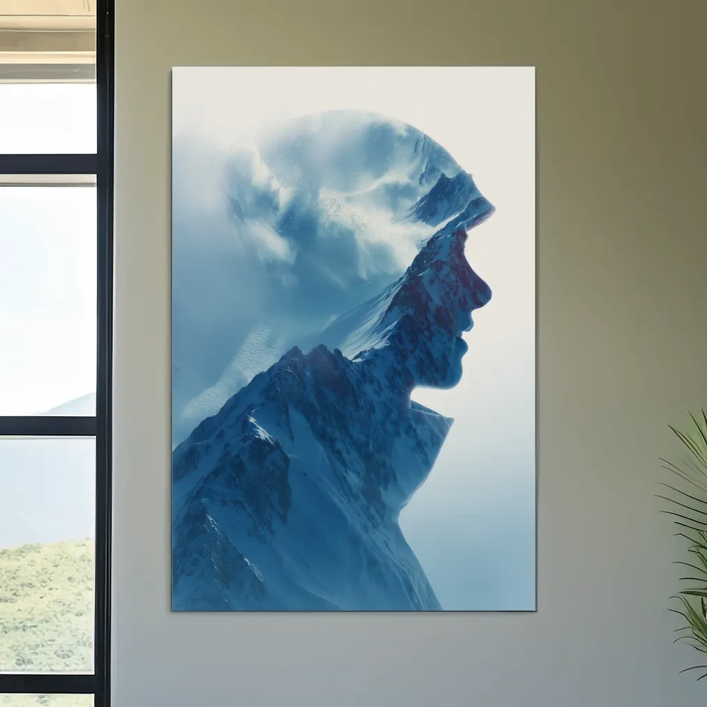 Double Exposure Mountain & Skier Portrait - Modern Snowy Alpine Wall Art