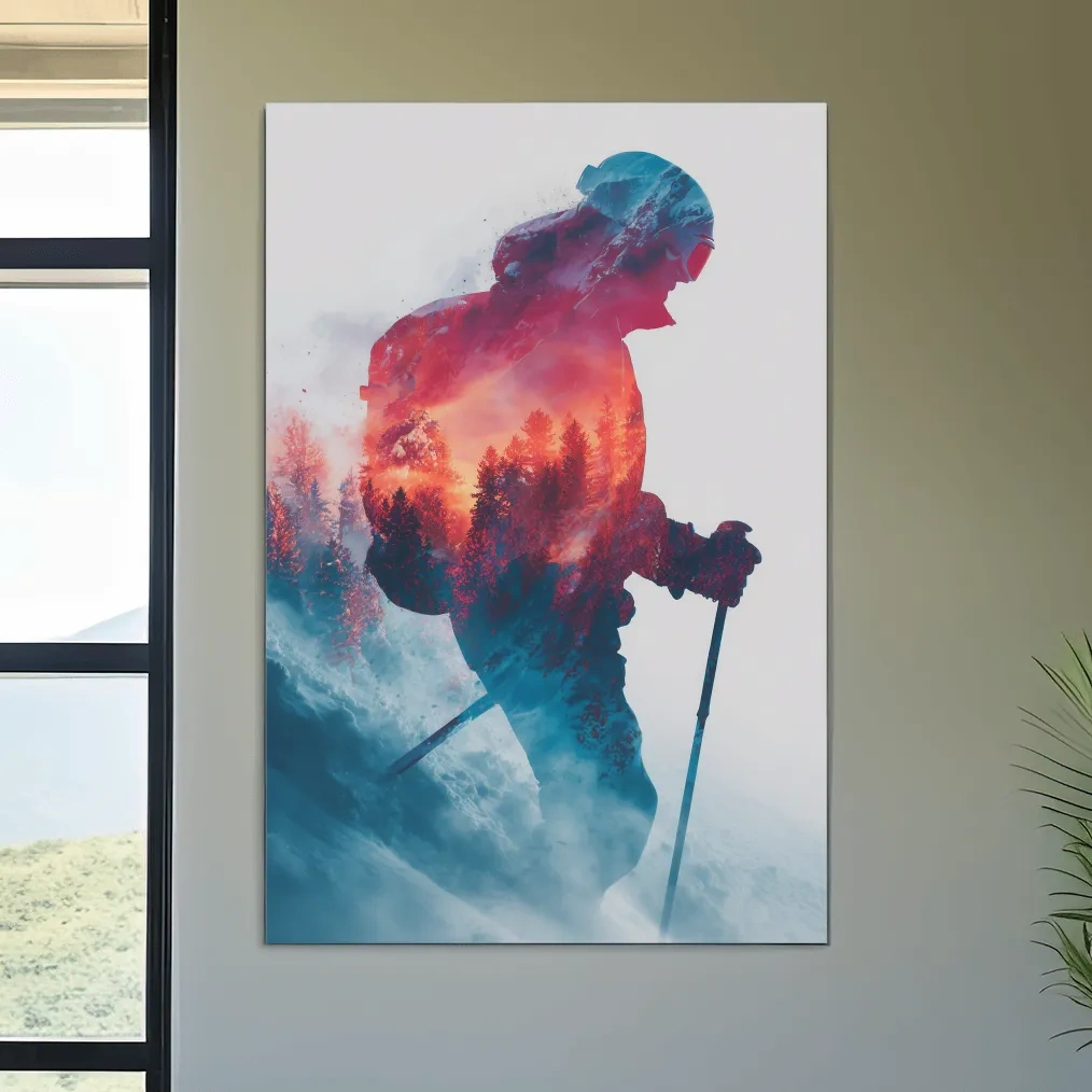 Skiing photography wall artwork, vibrant double exposure sunset and forest scene