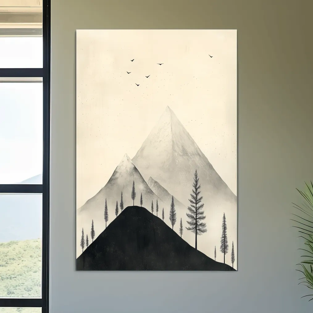Minimalist Misty Mountain Peaks With Pine Trees - Monochrome Scandinavian Landscape Artwork