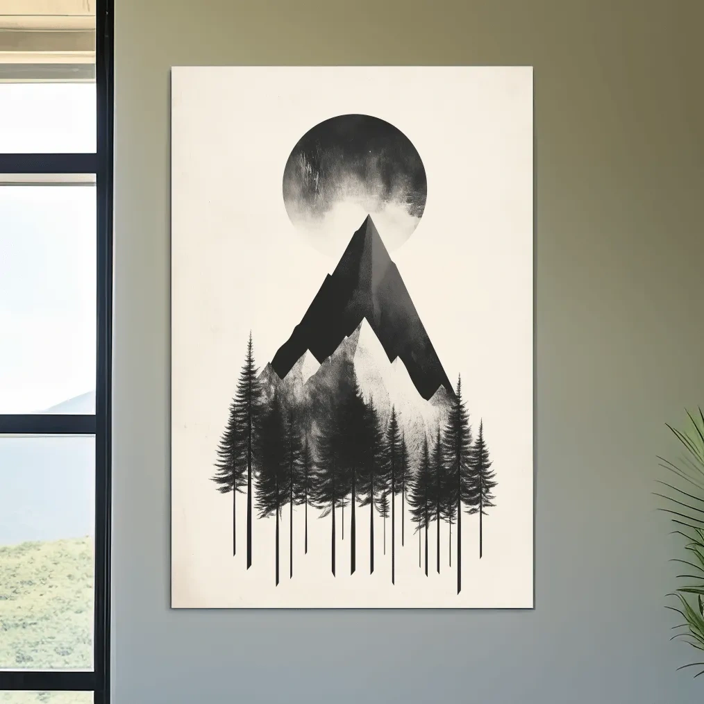 Mystical mountain and forest artwork, monochrome abstract wall art with large moon