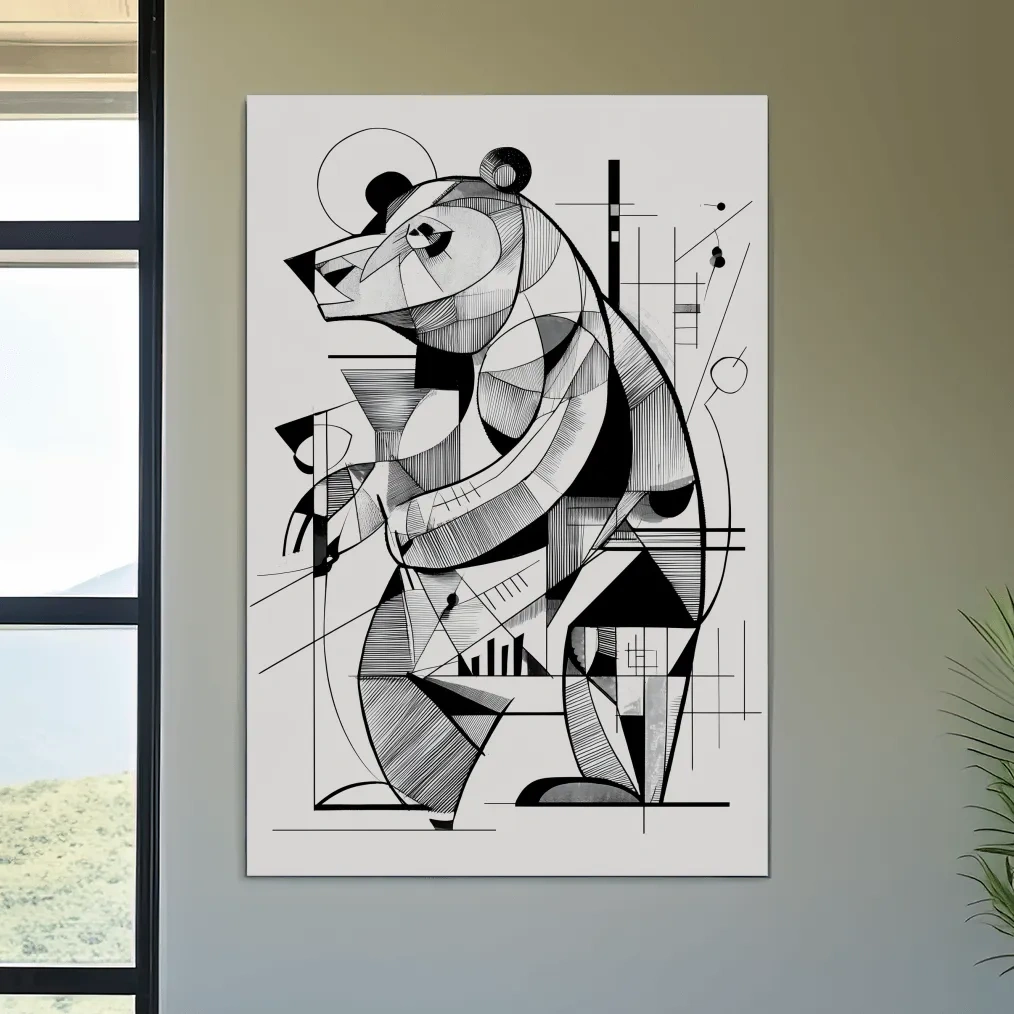 Cubism Abstract Bear Artwork - Modern Black And White Wildlife Wall Art