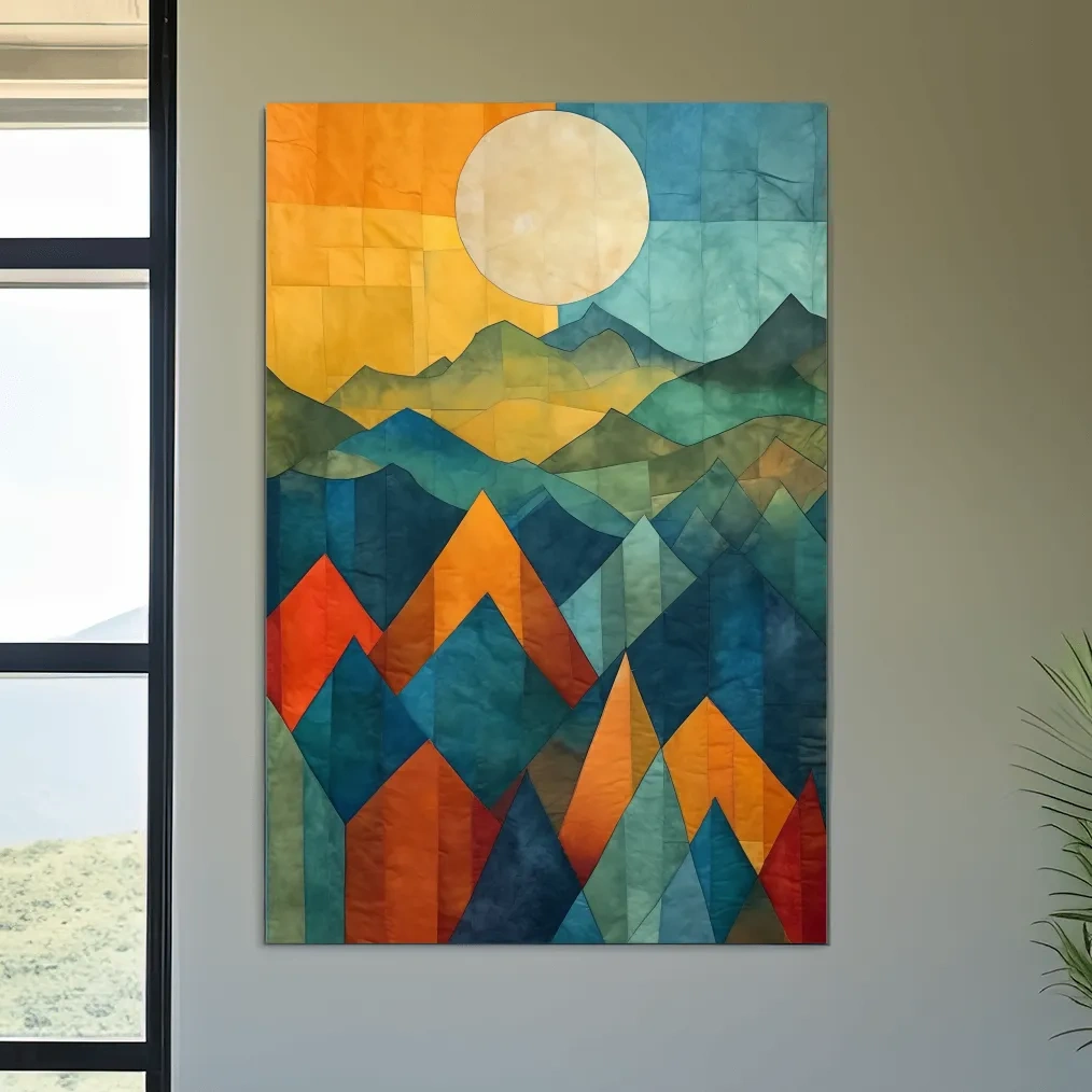 Geometric Patchwork Sunlit Mountain Range Painting - Colorful Abstract Alpine Wall Art
