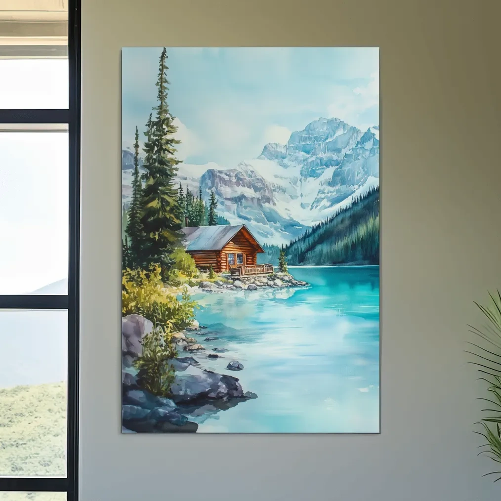 Turquoise Alpine Lake Cabin Watercolor - Serene Snowy Mountain Wall Art