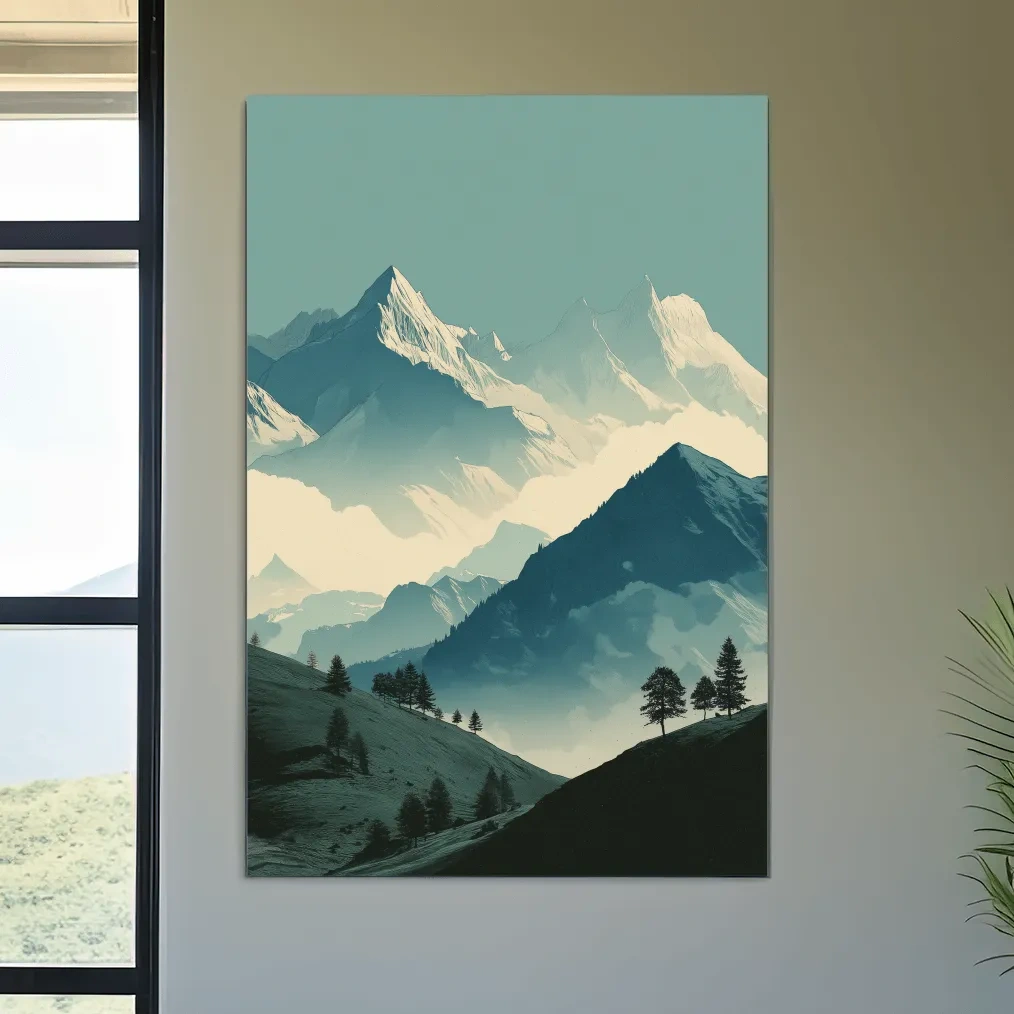 Misty Alpine Mountain Peaks Illustration - Serene Landscape Wall Art