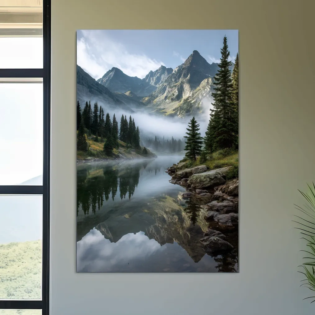 Misty Alpine Lake Photography - Serene Mountain Forest Wall Art