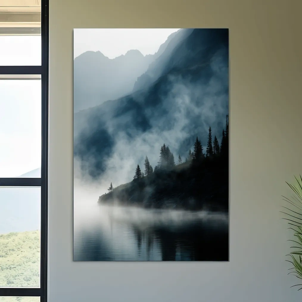 Misty Alpine Lake Landscape Photography - Foggy Pine Forest Nature Wall Art