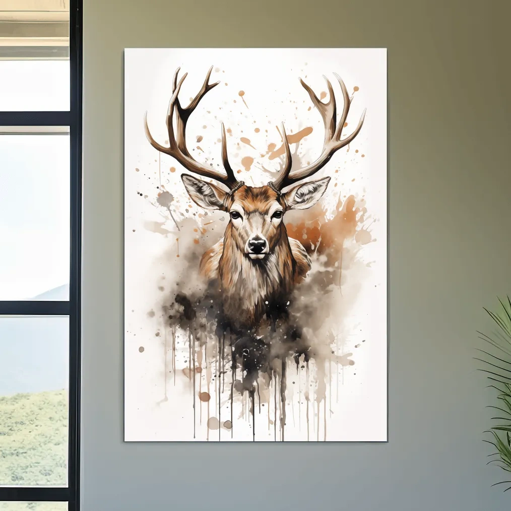 Majestic Stag Watercolor Splash Painting - Rustic Wildlife Wall Art