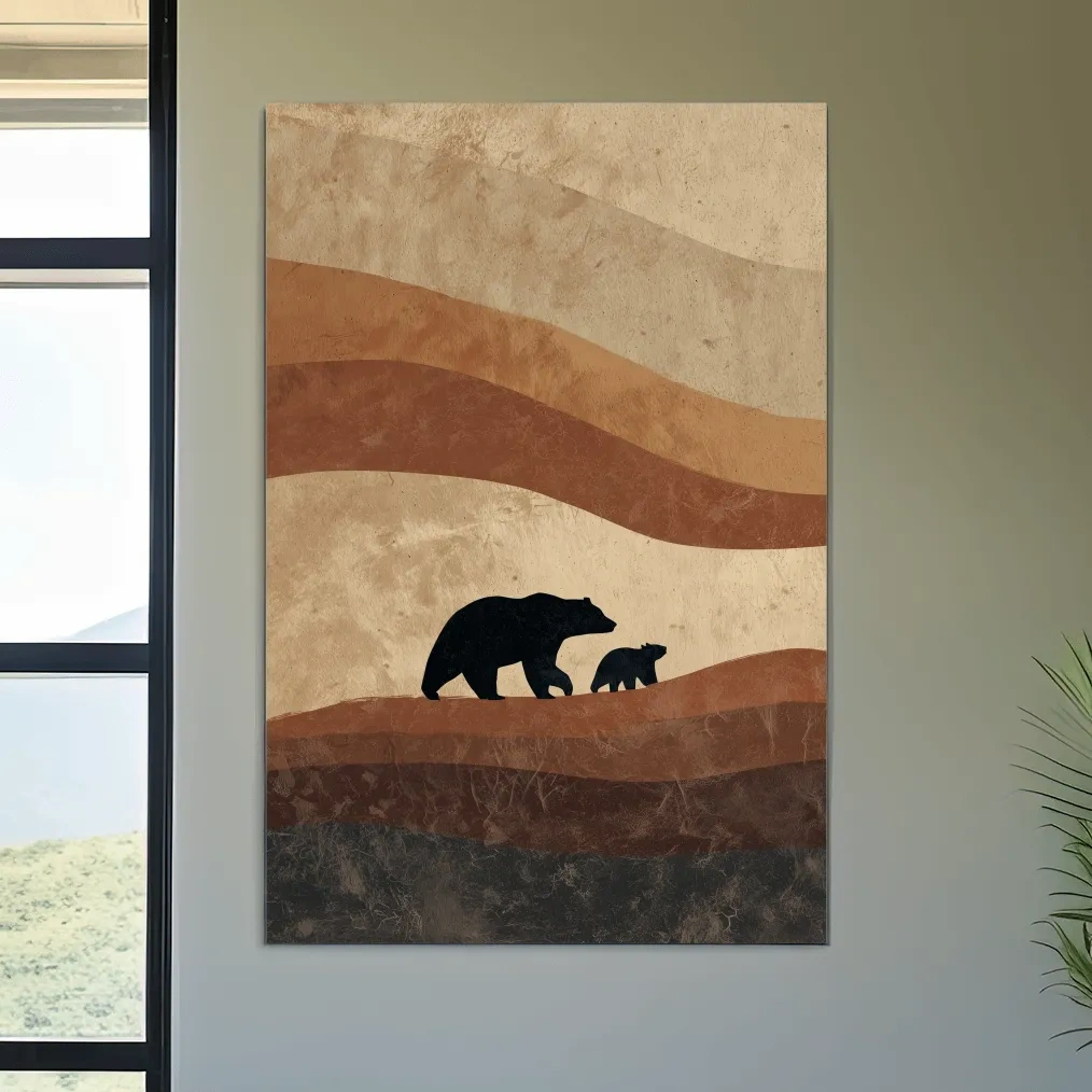 Scandi Bear Family Silhouette Artwork - Earthy Abstract Wildlife Wall Art