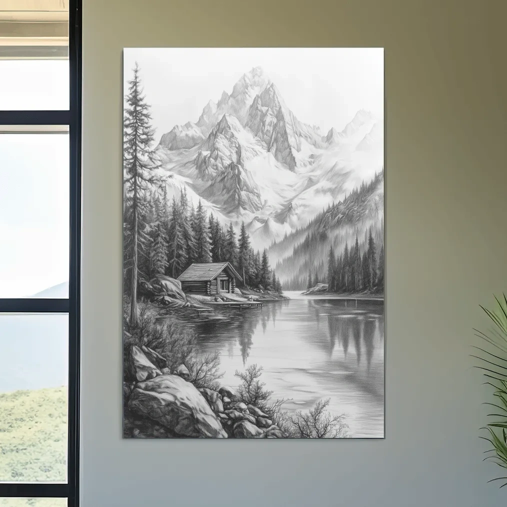 Monochrome Alpine Lake Cabin Sketch Art - Mountain Drawing Wall Art