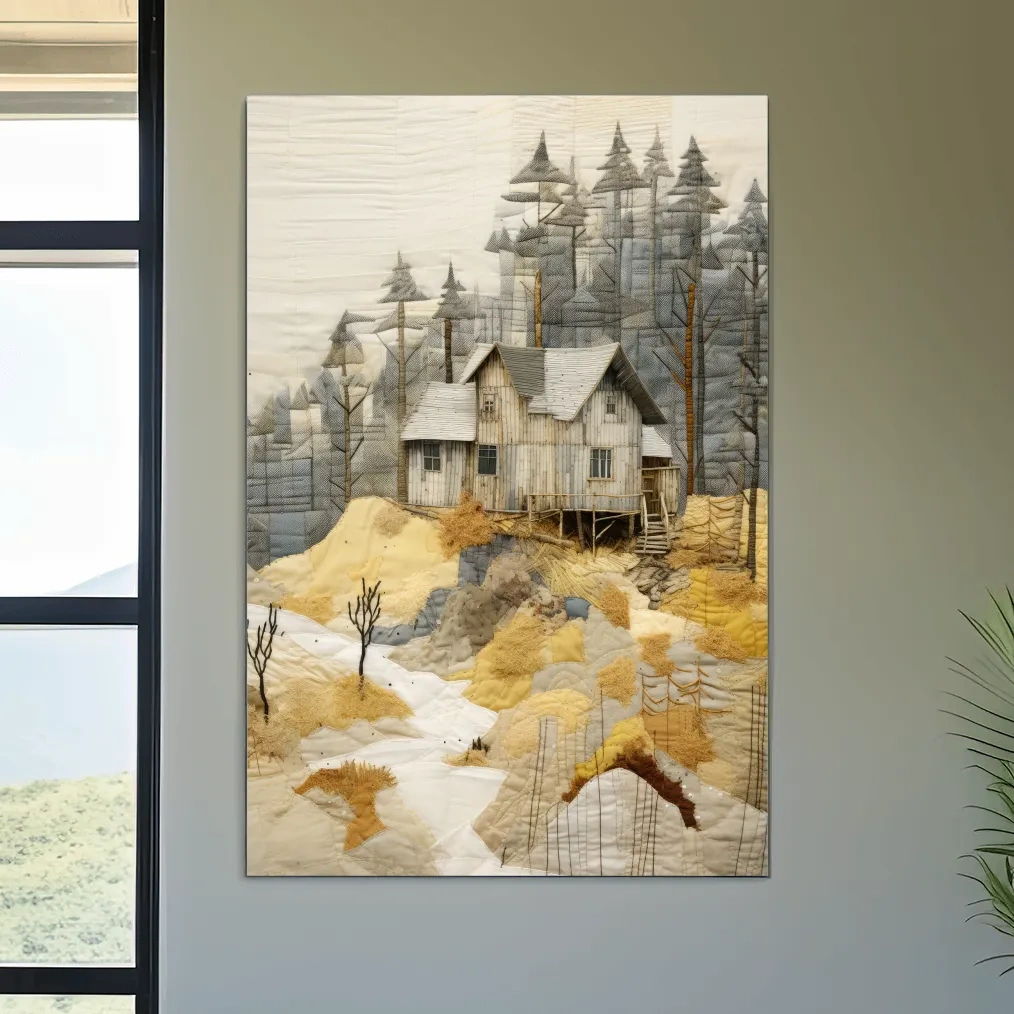 Rustic Woodland Cabin Landscape Quilt Art - Patchwork Style Mixed Media Wall Art