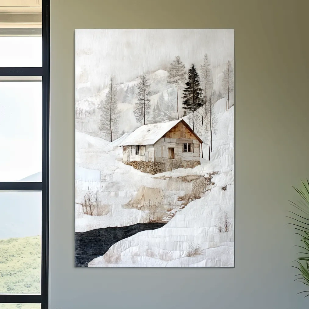 Snowy Mountain Cabin Textured Painting - Winter Landscape Wall Art