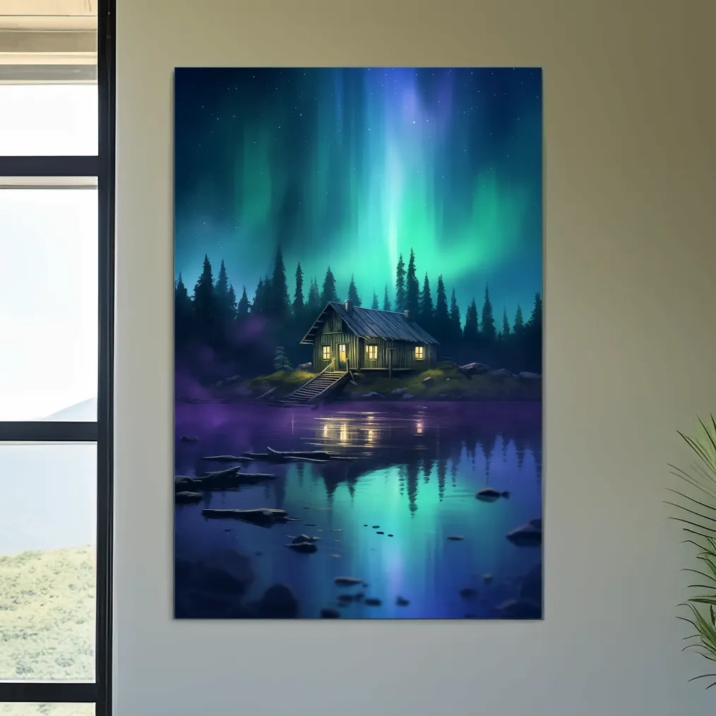 Vibrant Northern Lights Cabin Lake Painting - Aurora Borealis Night Wall Art