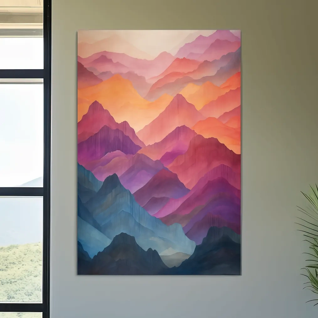 Vibrant Watercolor Layered Mountains - Abstract Sunset Landscape Wall Art