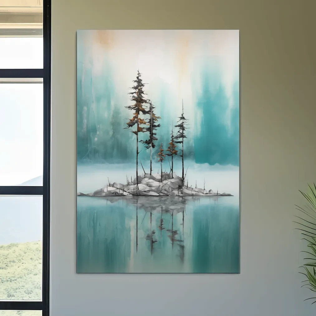 Misty Pine Trees Reflection - Watercolor Turquoise Alpine Lake Wall Art