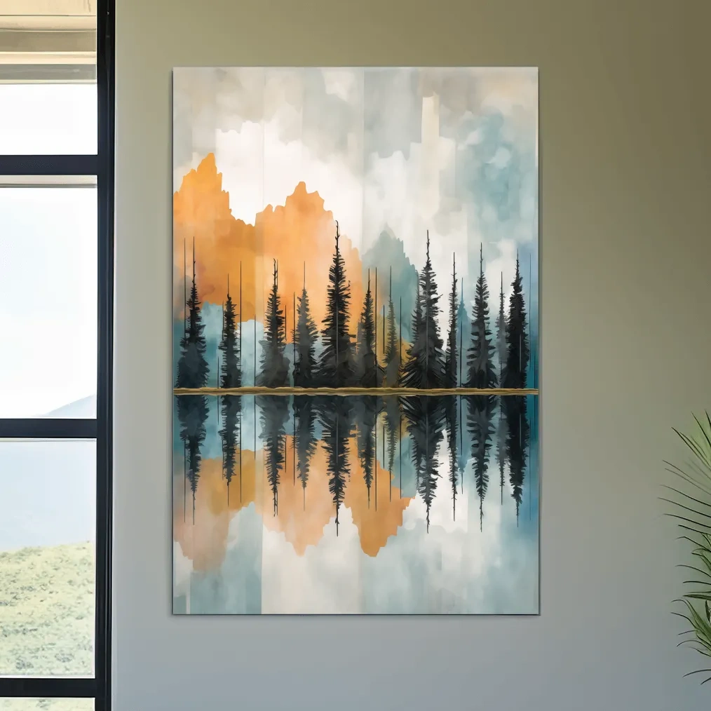 Abstract Watercolor Mountain Lake Reflection - Alpine Forest Landscape Artwork