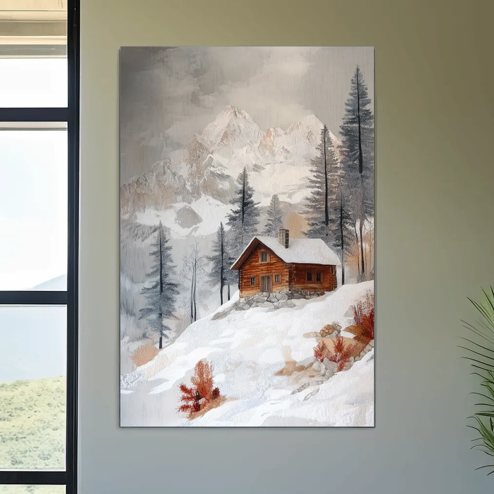 Snowy Mountain Cabin Landscape Painting - Rustic Winter Wilderness Wall Art