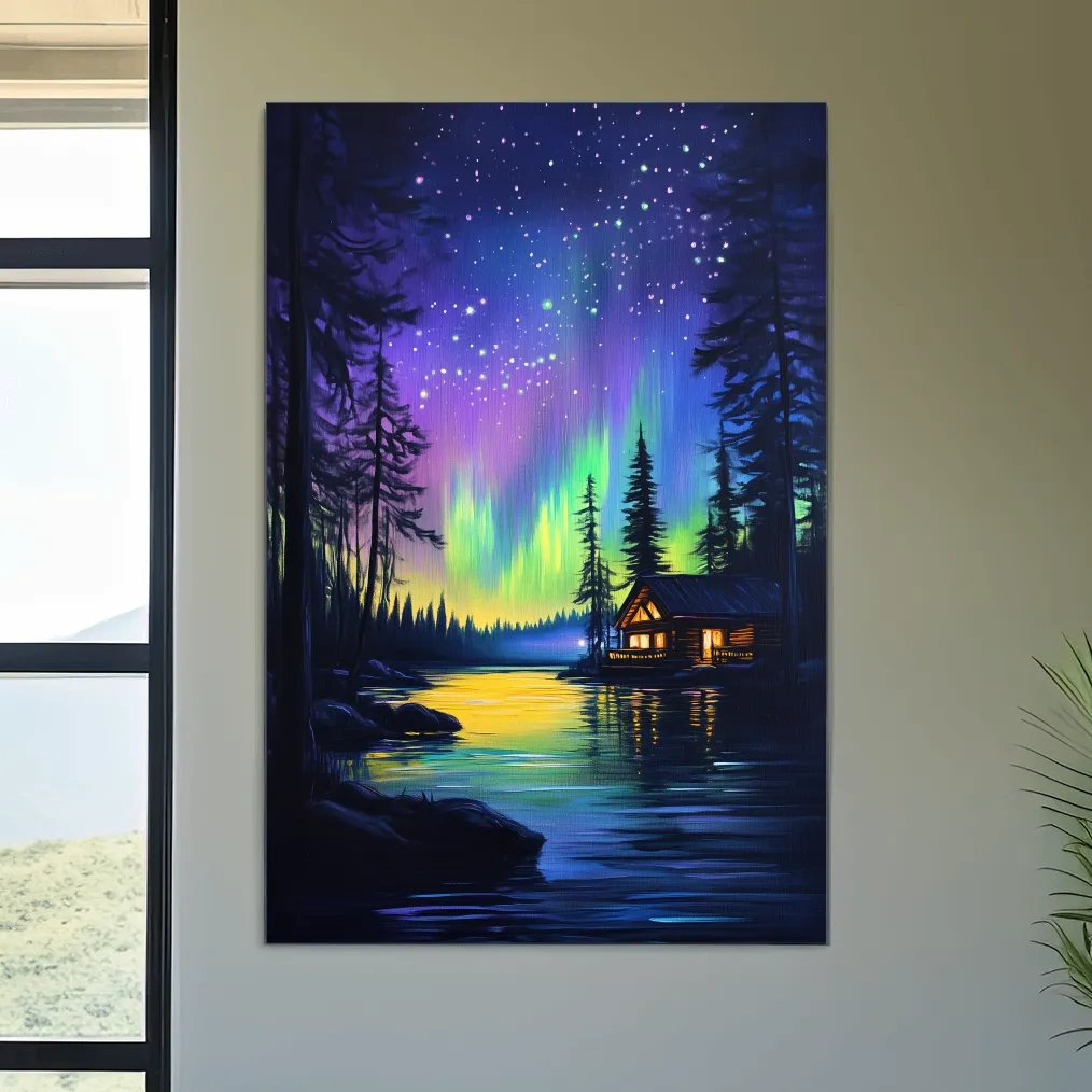 Vibrant Northern Lights Lakeside Cabin Painting - Aurora Borealis Night Landscape Wall Art
