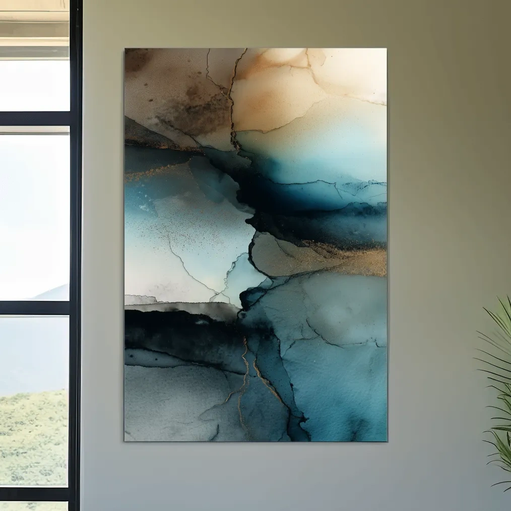 Moody Teal Ink Wash Abstract - Alcohol Ink Style Mountain Wall Art