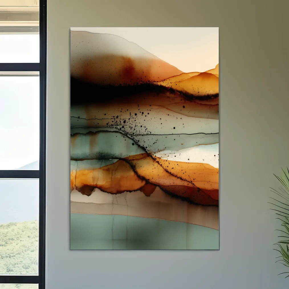 Earth Tone Ink Wash Mountain Landscape - Abstract Modern Wall Art