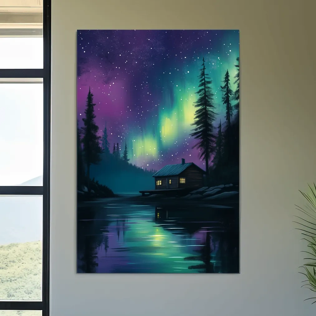 Aurora Borealis Lake Cabin Painting - Northern Lights Wall Art