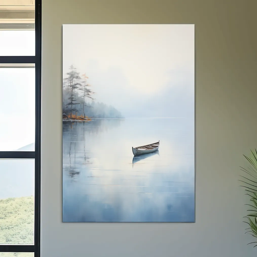 Misty Lake Canoe Reflection Painting - Serene Minimalist Waterscape Wall Art
