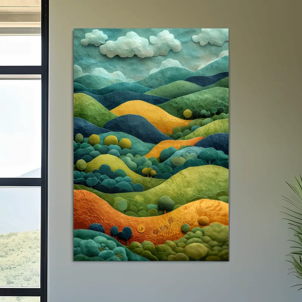 3D Layered Paper Cut Style Mountain Artwork - Whimsical Surreal Landscape Wall Art