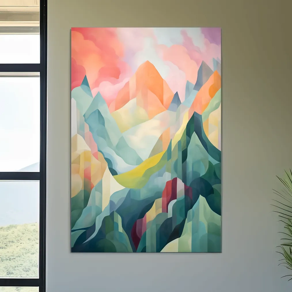 Vibrant Abstract Pastel Mountain Sunset - Geometric Watercolor Style Wall Art
