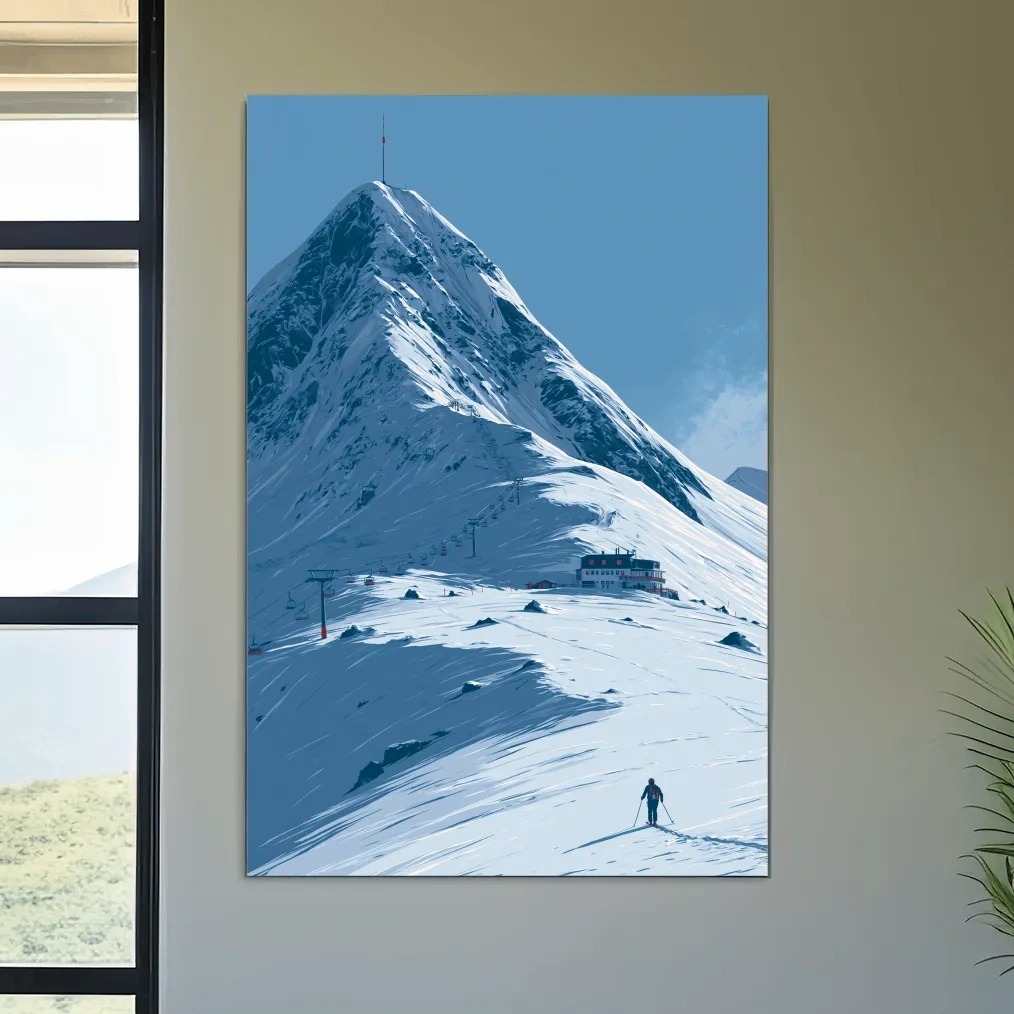 Alpine Mountain Skier Artwork - Minimalist Winter Landscape Wall Art