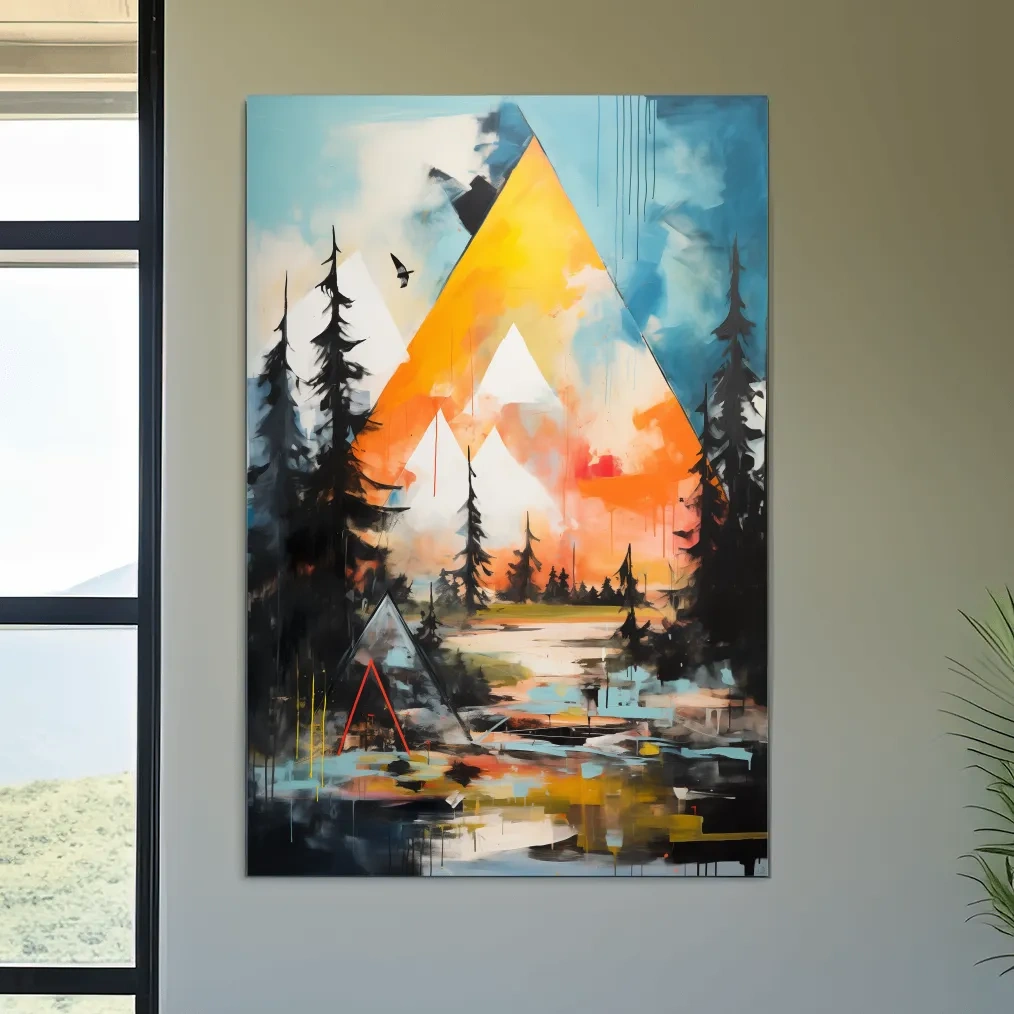 Vibrant Abstract Mountain Painting - Modern Geometric Alpine Forest Wall Art