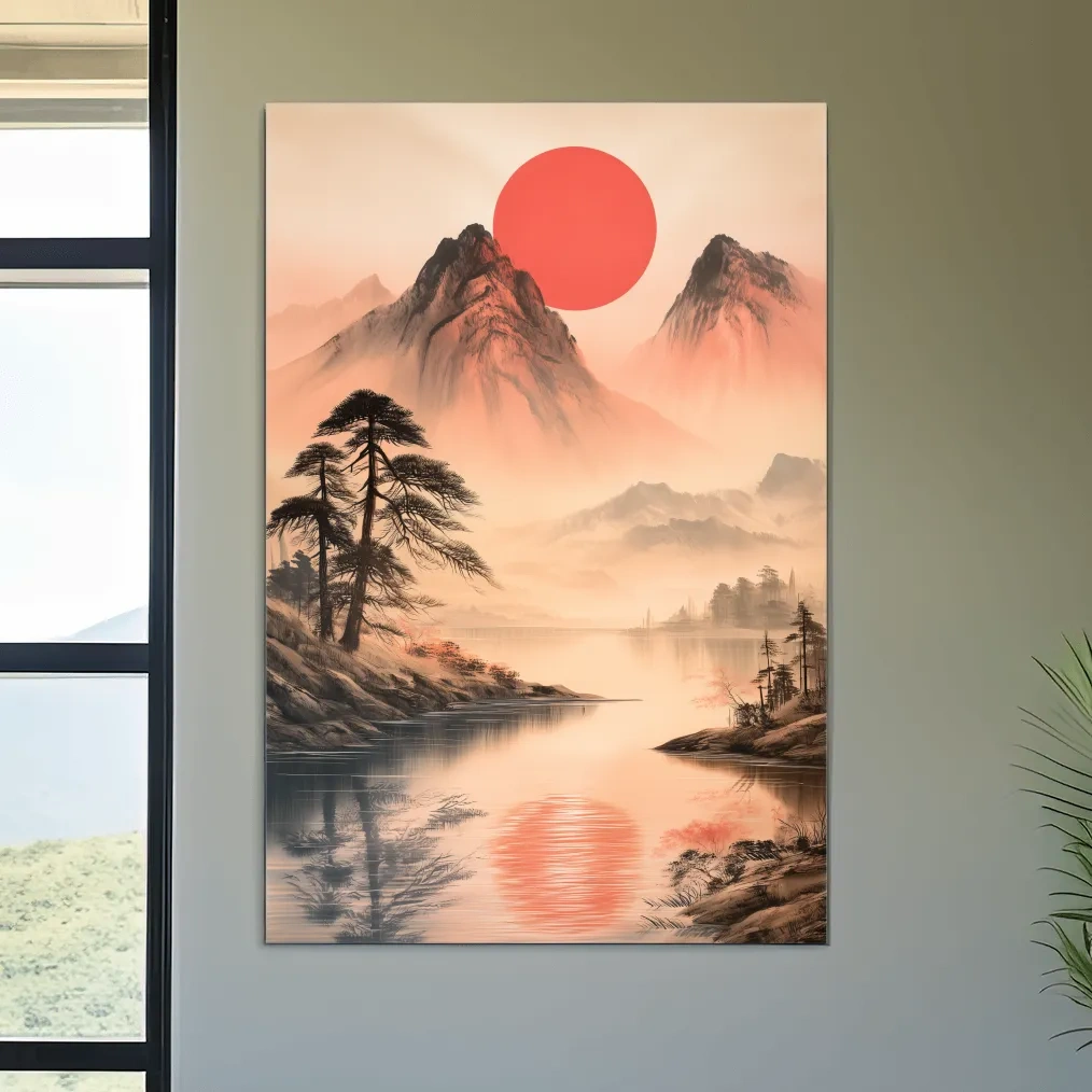 Zen Misty Mountain Lake Sunrise - Japanese Ink Wash Wall Art