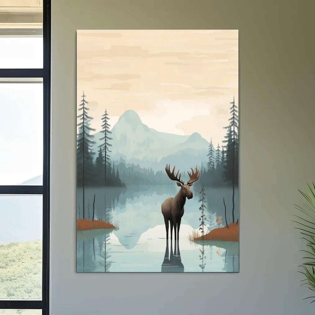 Moose Mountain Lake Illustration - Nursery Forest Mountain Wall Art