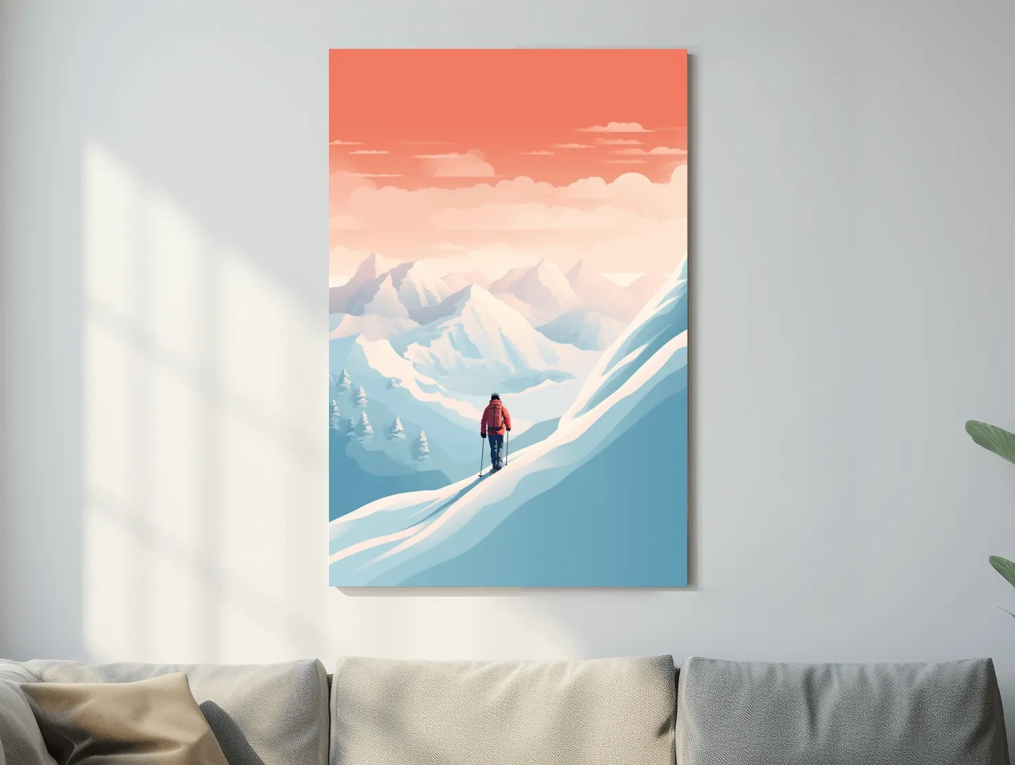 Backcountry skier in the mountains at sunset, minimal vector artwork