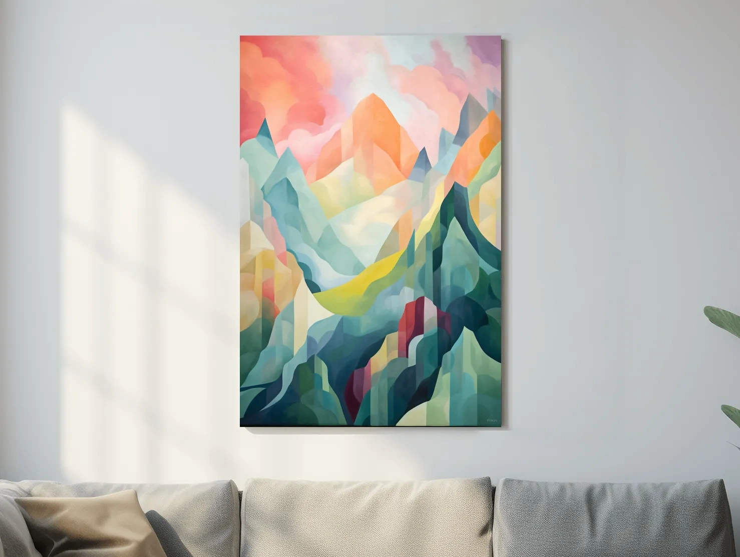 Vibrant Abstract Pastel Mountain Sunset - Geometric Watercolor Style Wall Art