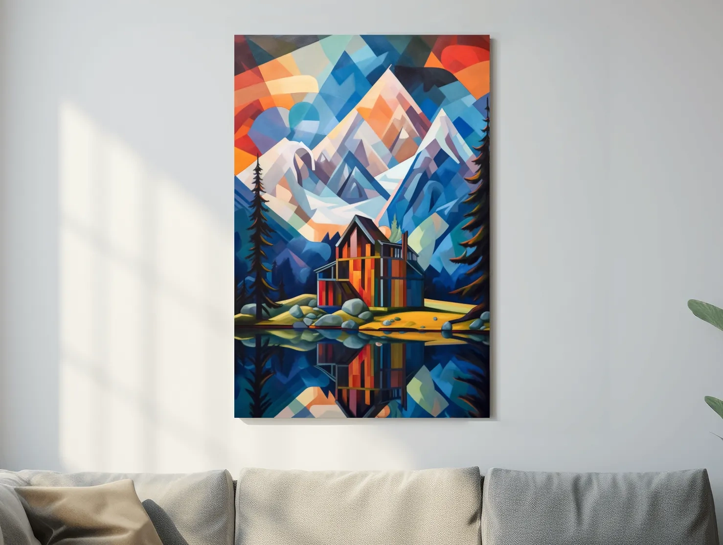 Vibrant Geometric Mountain Lake Cabin Painting - Abstract Alpine Wall Art