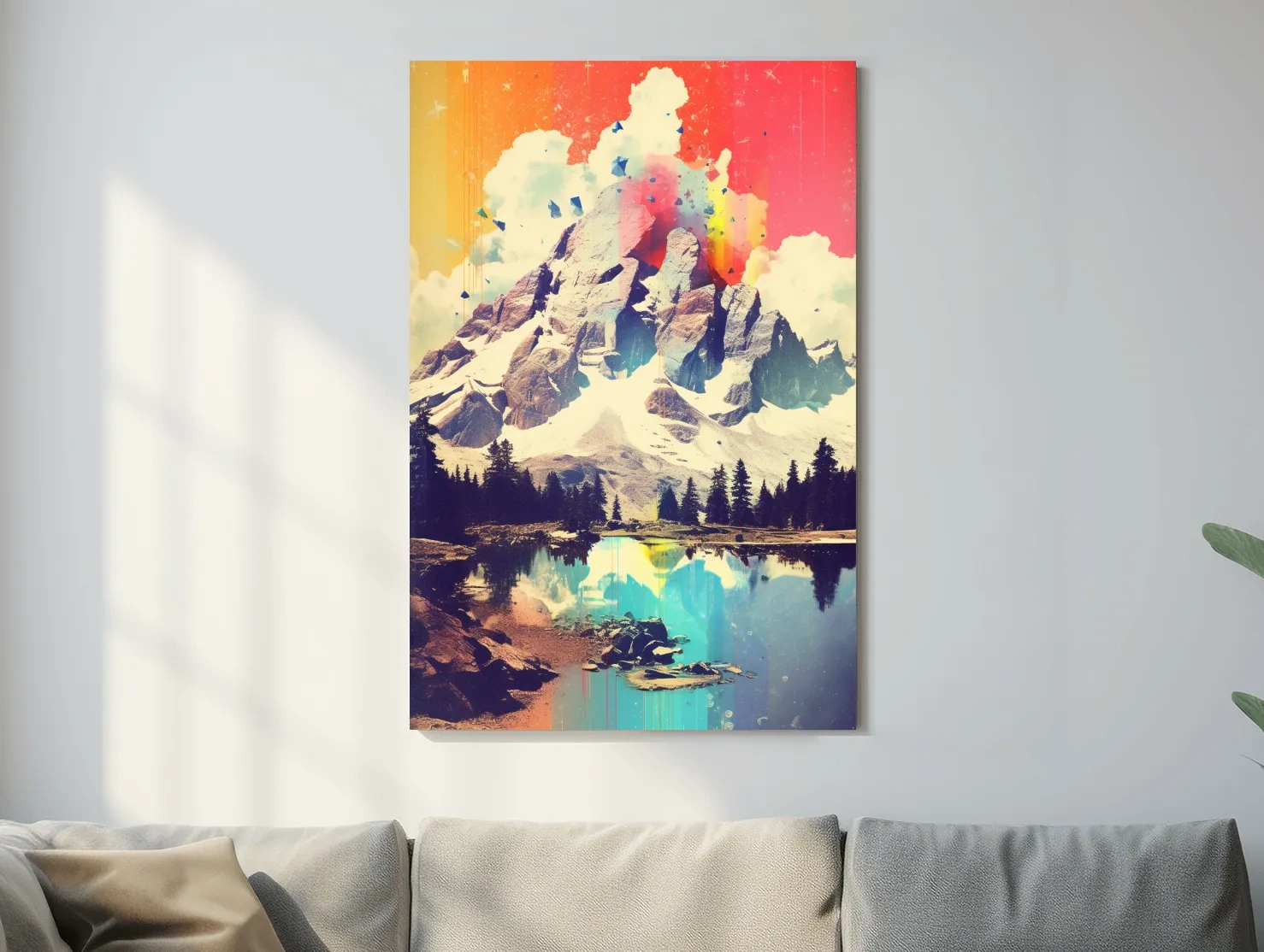 Colourful abstract painting of a mountain and lake