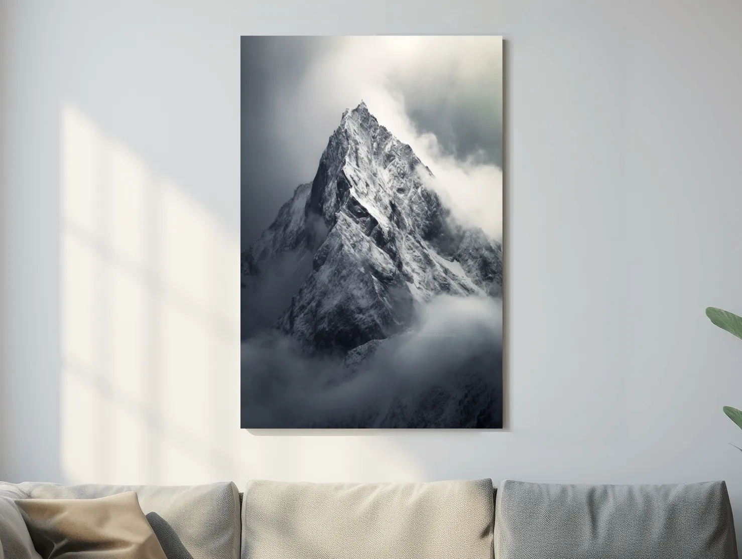 Photographic art, ominous snow capped mountain in the clouds