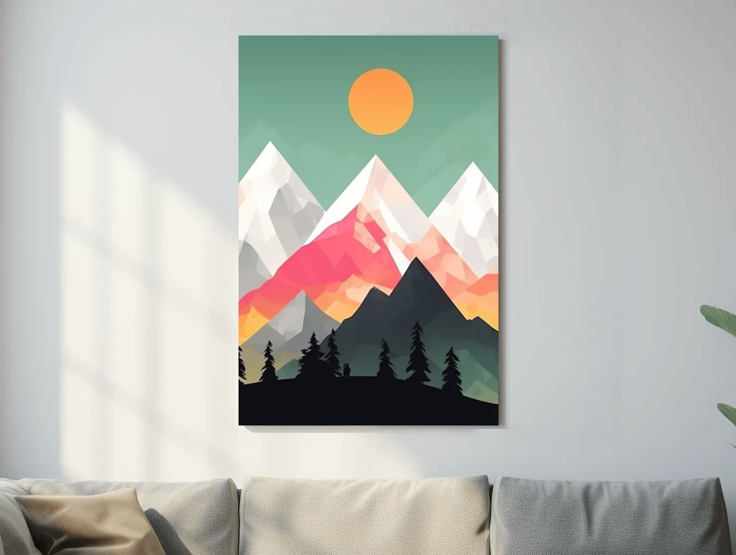 Geometric Sunset Mountain Peaks With Pine Silhouettes - Modern Colourful 2D Wall Art