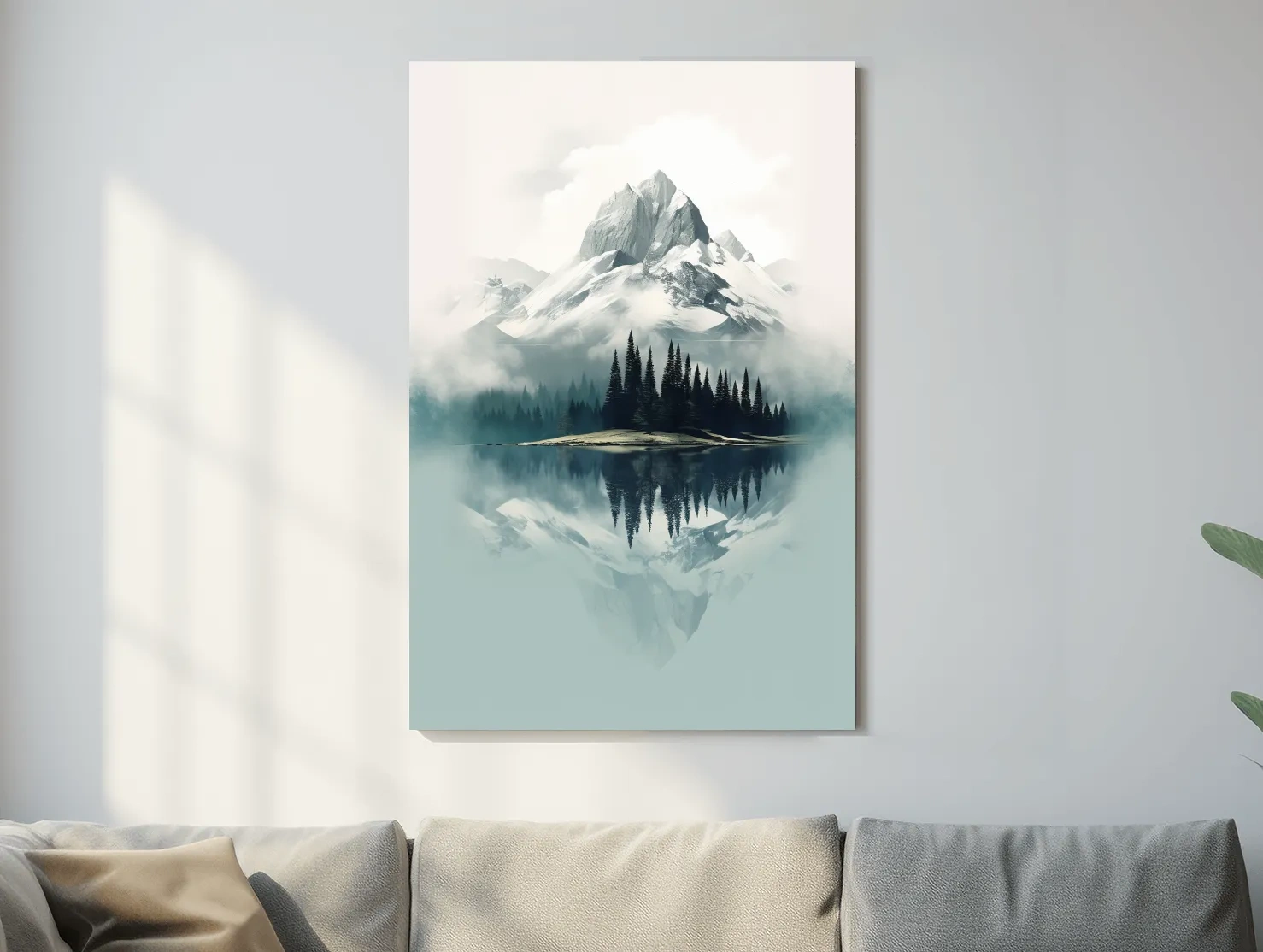 Misty Alpine Mountain Lake Reflection - Minimalist Watercolor Landscape Wall Art
