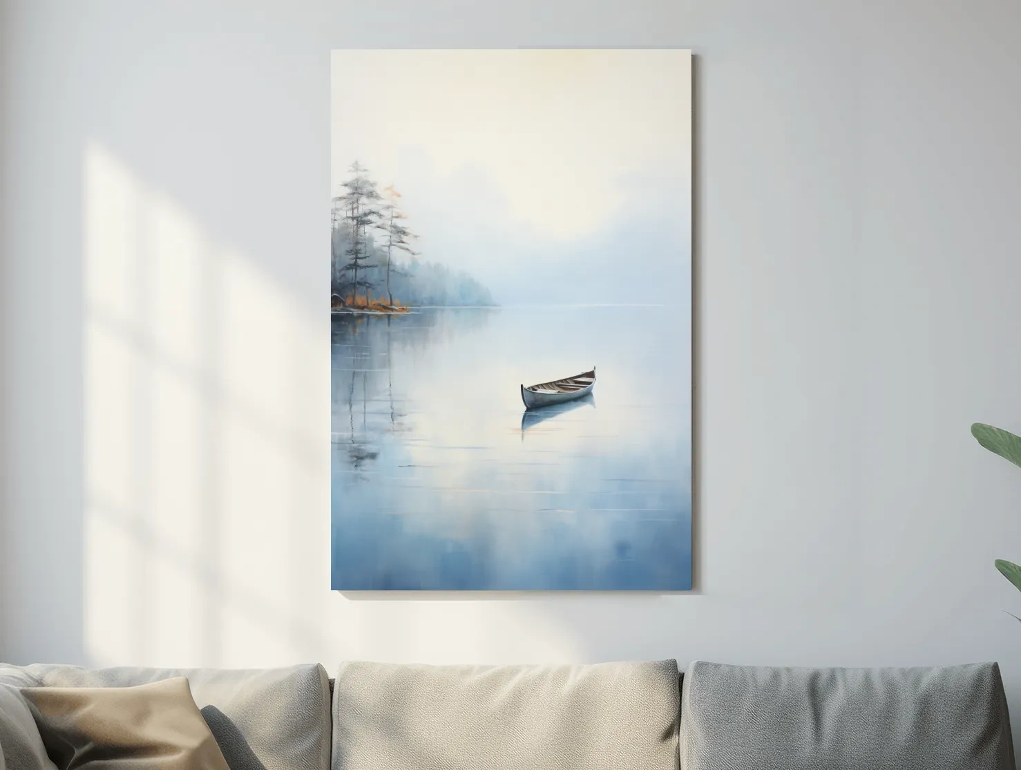 Misty Lake Canoe Reflection Painting - Serene Minimalist Waterscape Wall Art