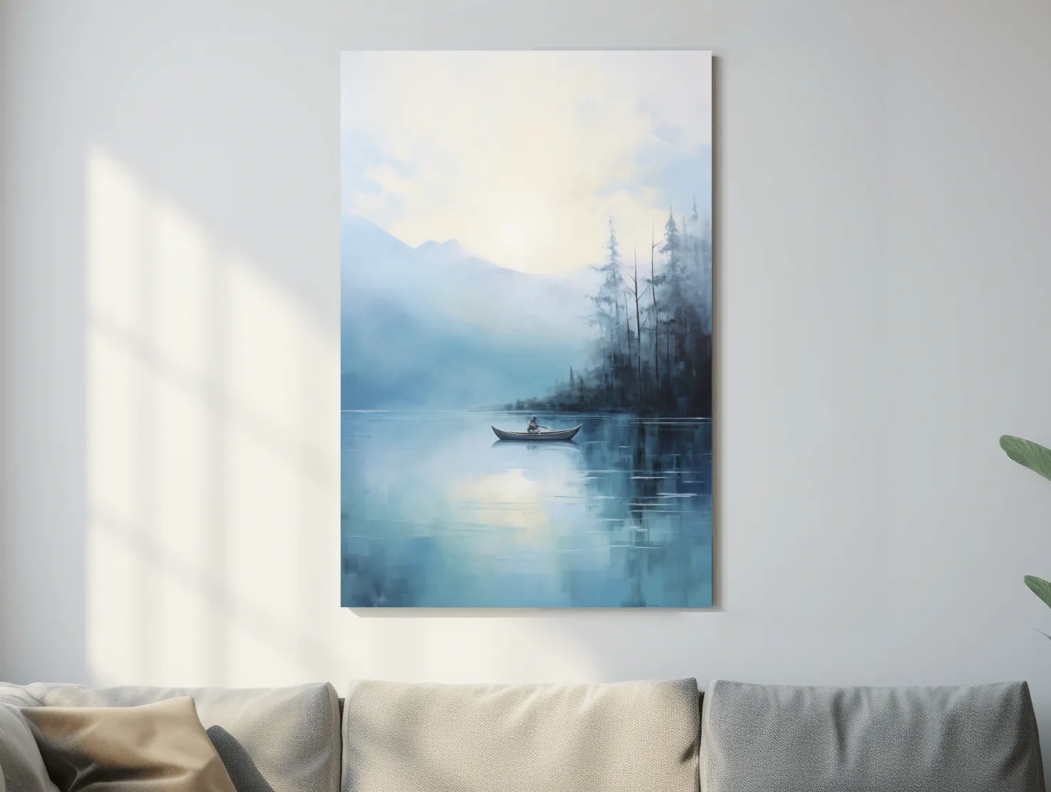 Misty Turquoise Mountain Lake Canoe Painting - Serene Forest Landscape Wall Art