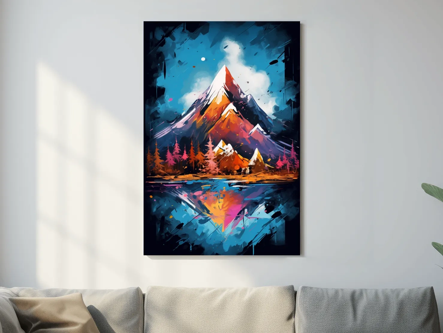 Vibrant Abstract Alpine Lake Painting - Colorful Mountain Forest Wall Art