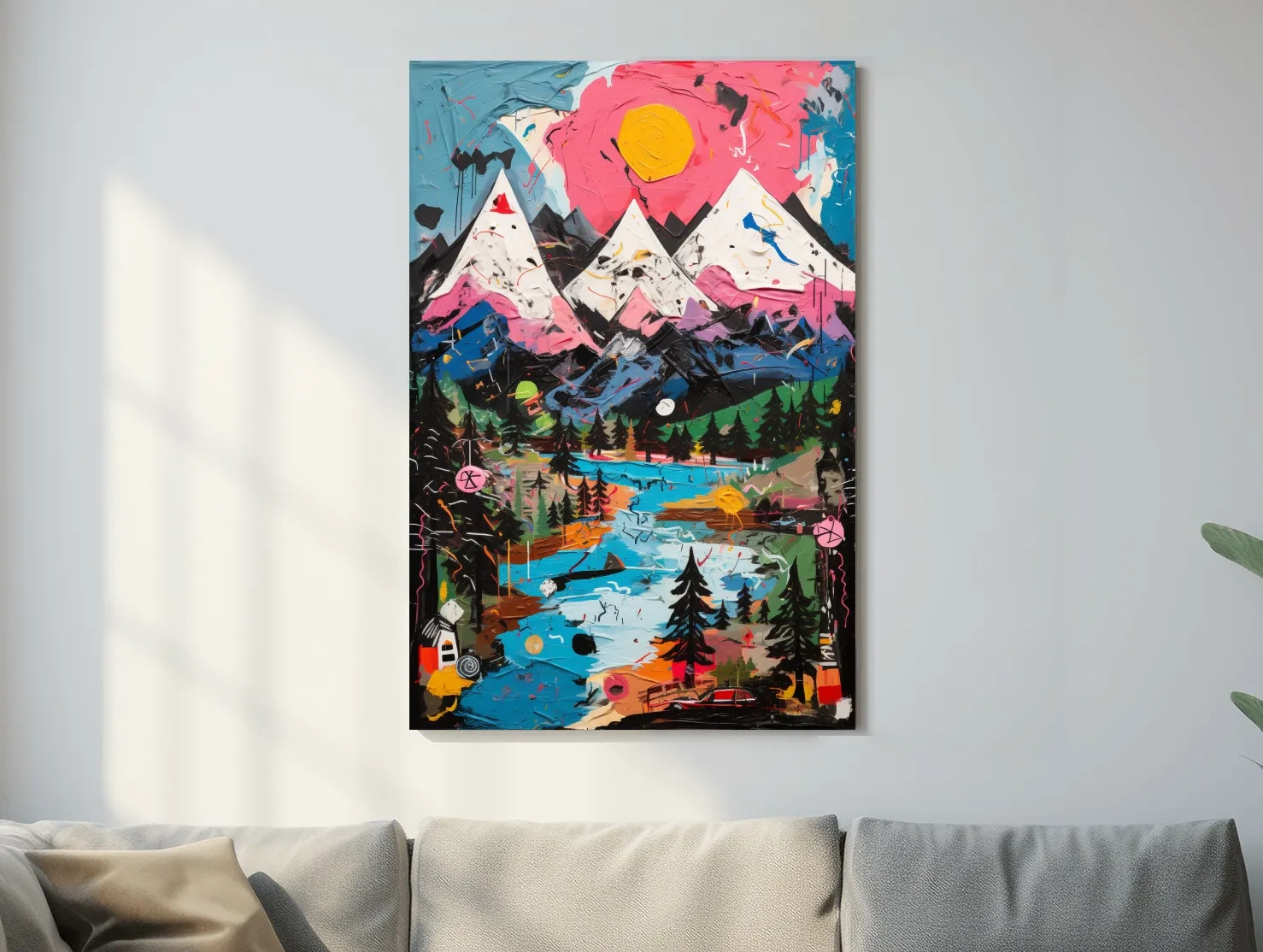 Vibrant Abstract Mountain Lake Sunset Painting - Colorful Modern Landscape Wall Art